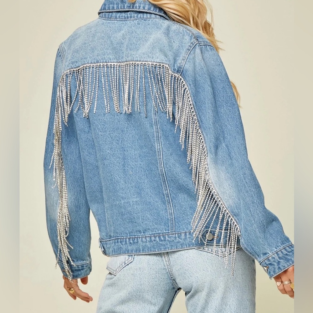 New Andree by Unit Rhinestone Fringe Denim Jacket